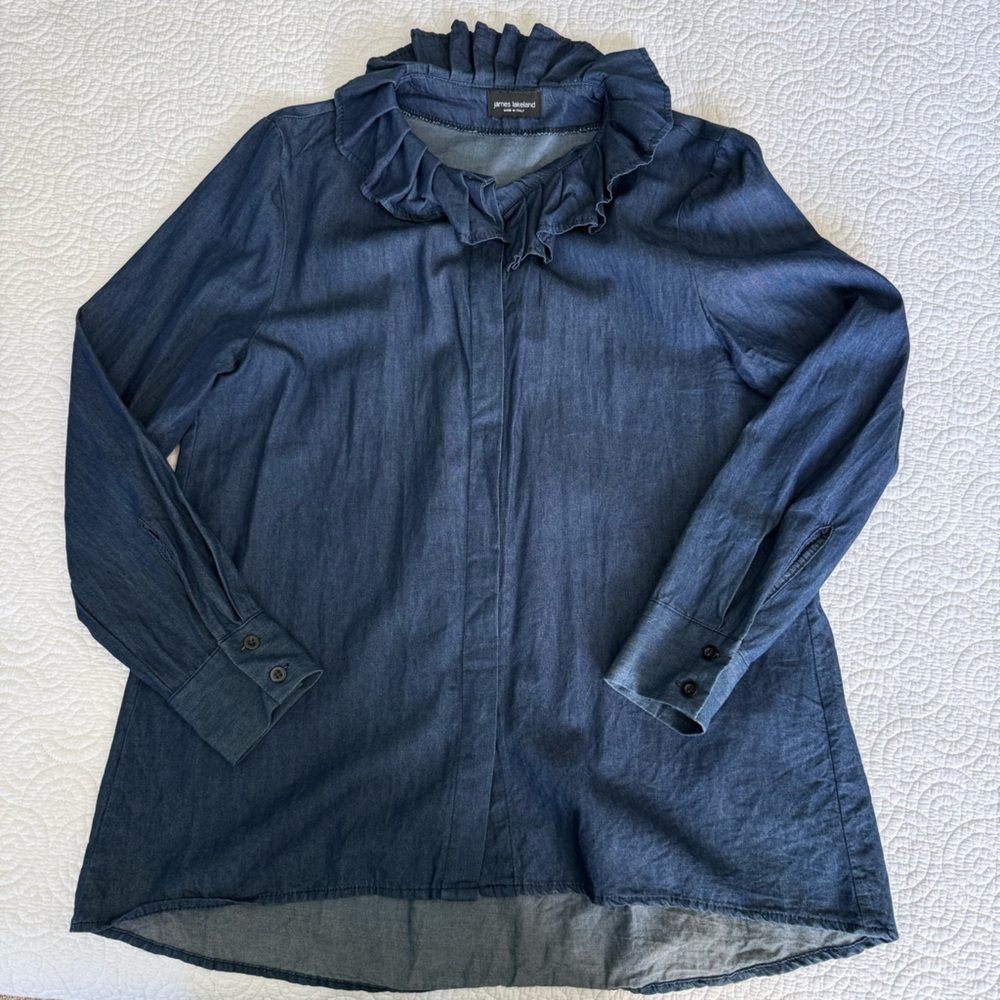 Elegant Ruffled Blue Button Down Shirt - Picture 8 of 10